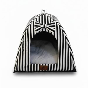 PETS EMPIRE Soft Cozy Pet Hut Bed for Cats, Kittens & Puppies – Comfortable Fabric, Indoor Sleeping Bed, White & Black Stripes