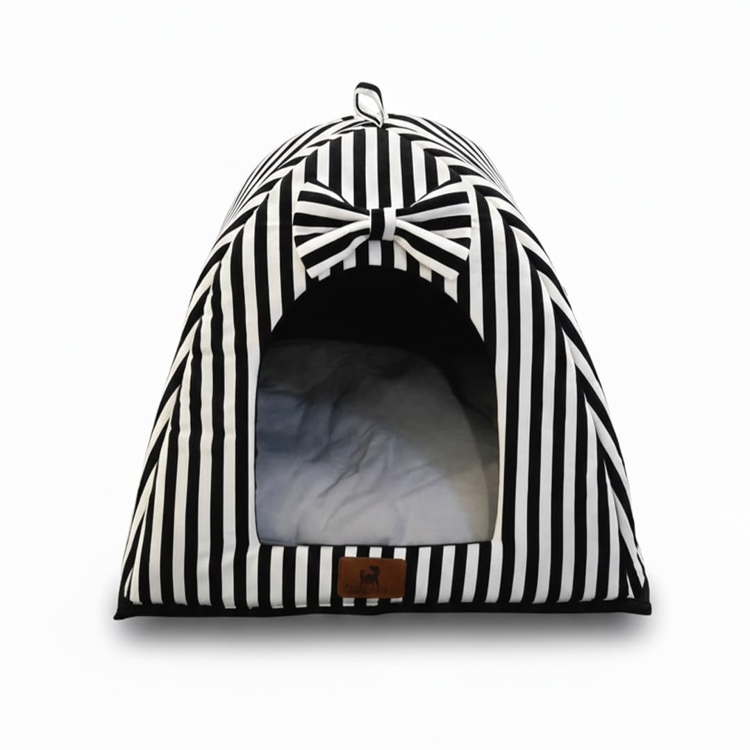 PETS EMPIRE Soft Cozy Pet Hut Bed for Cats, Kittens & Puppies – Comfortable Fabric, Indoor Sleeping Bed, White & Black Stripes