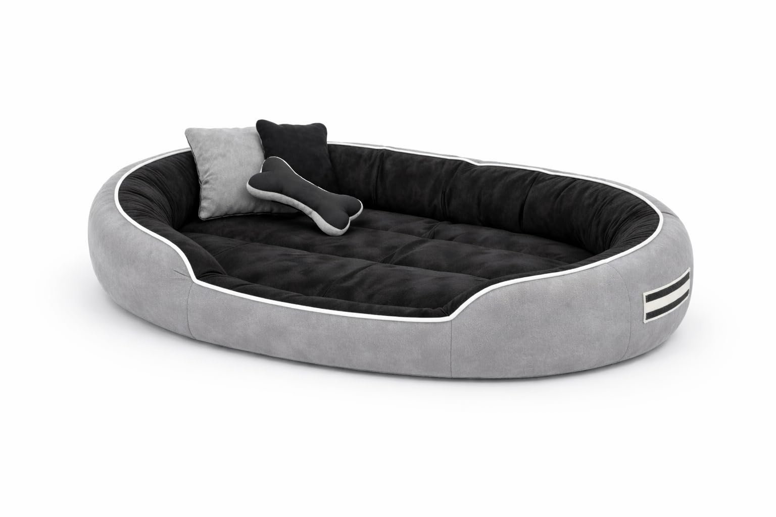 MUDDY PAWS Premium Reversible Oval Dog Bed – Small – Washable Anti-Skid Pet Bed with Toy Pillows, Soft Polyester Dog Cushion – Grey & Black (48L x 40W x 22H Cm)