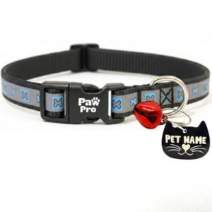 PAWPRO HANDMADE Reflective Pet Collar with Custom ID Tag – Adjustable Collar with Bell for Cats & Small Dogs – Personalized Name Tag (Gray Sketch)
