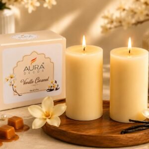 AuraDecor Vanilla Caramel Scented Pillar Candles | Set of 2 | 25 Hours Burn Time Each | Smokeless Paraffin Wax Candles | Long Lasting Fragrance | Decorative Candle for Home Décor & Gifts