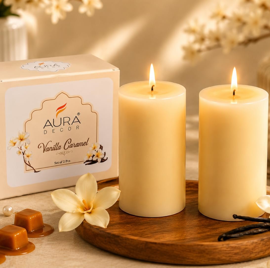 AuraDecor Vanilla Caramel Scented Pillar Candles | Set of 2 | 25 Hours Burn Time Each | Smokeless Paraffin Wax Candles | Long Lasting Fragrance | Decorative Candle for Home Décor & Gifts