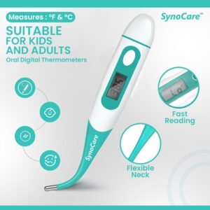 SYNOCARE Waterproof Flexible Digital Thermometer, Quick & Instant Measurement of Oral & Underarm with Accurate Temperature in Celsius & Fahrenheit | Thermometer for Adults, Kids & Babies (Pack of 1)