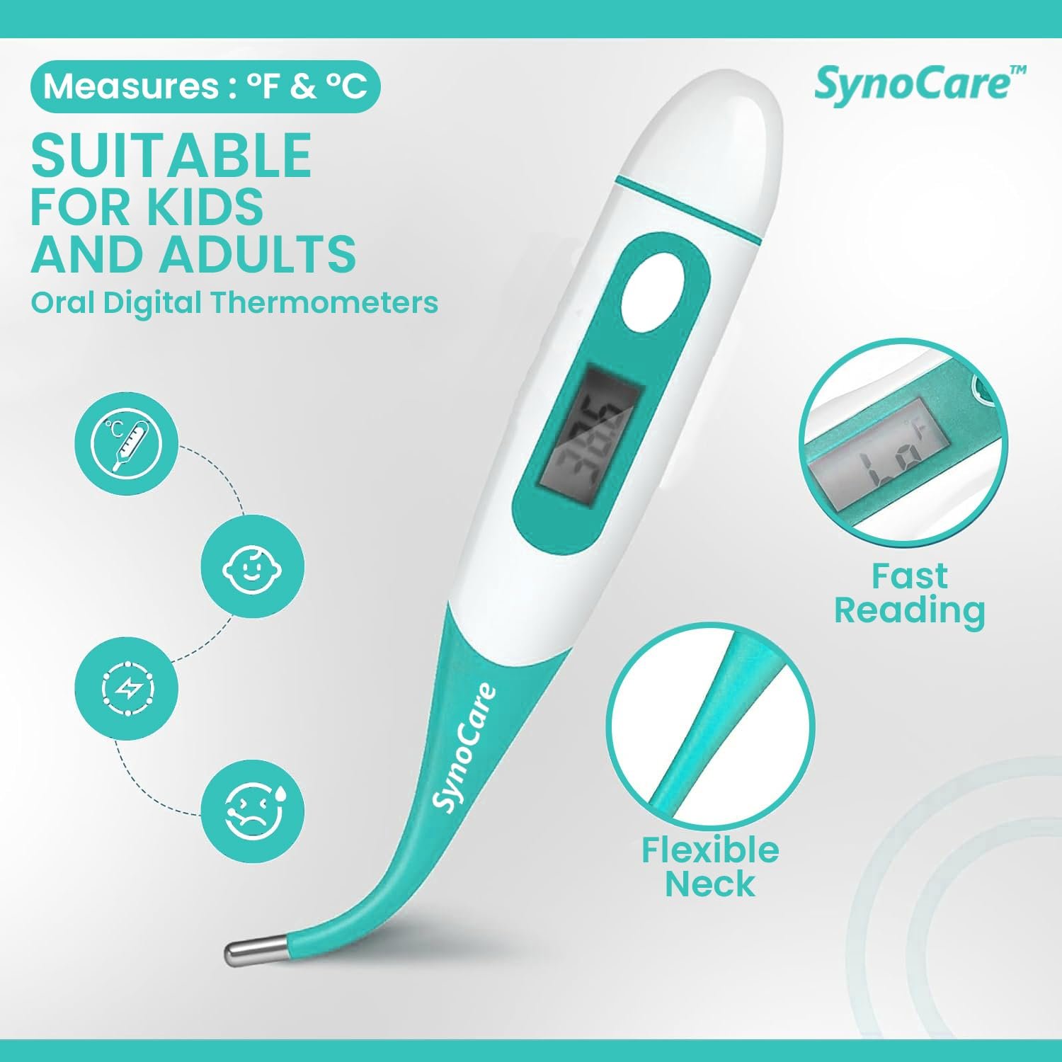 SYNOCARE Waterproof Flexible Digital Thermometer, Quick & Instant Measurement of Oral & Underarm with Accurate Temperature in Celsius & Fahrenheit | Thermometer for Adults, Kids & Babies (Pack of 1)