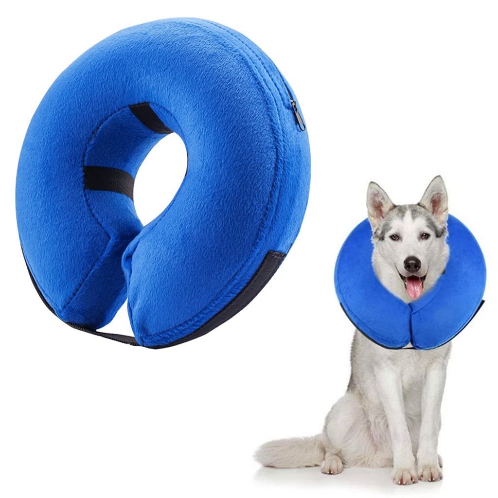 Qpets® Inflatable E Collar with Soft Cotton Cover & Velcro Strap & Adjustable Size, After Surgery Anti-Licking Cone for Cat & Dog (L, 38-50cm)