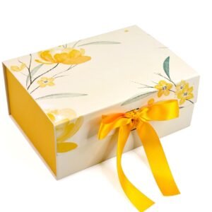 RBS® - Gift Box (23 x 16 x 10 cm) Foldable Rigid Box Hold Upto 5kg Cardboard Boxes for Packaging (1 Pack) Multipurpose Hamper Box for Birthday, Wedding Return Gift Box Empty (Yellow Flower)