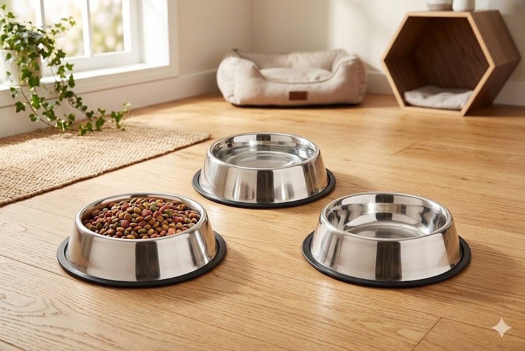 Pets Empire Dog & Cat Bowls Stainless Steel, Pack of 3, Anti-Skid Feeding Bowls for Food & Water, Heavy Duty Metal Pet Bowl, Rust Proof, Dishwasher Safe for Puppies, Cats & Dogs