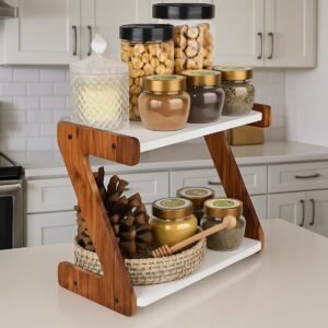 OXMIC kitchen organizer items and storage, kitchen organiser, kitchen stand, kitchen rack organizer, 2-Tier Wooden Spice Rack Organizer, 33 x 16 x 25 cm, White Shelves