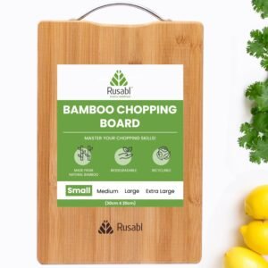 Rusabl Small Bamboo Wooden Chopping Board, Metal Handle, 30x20 cm, BPA Free