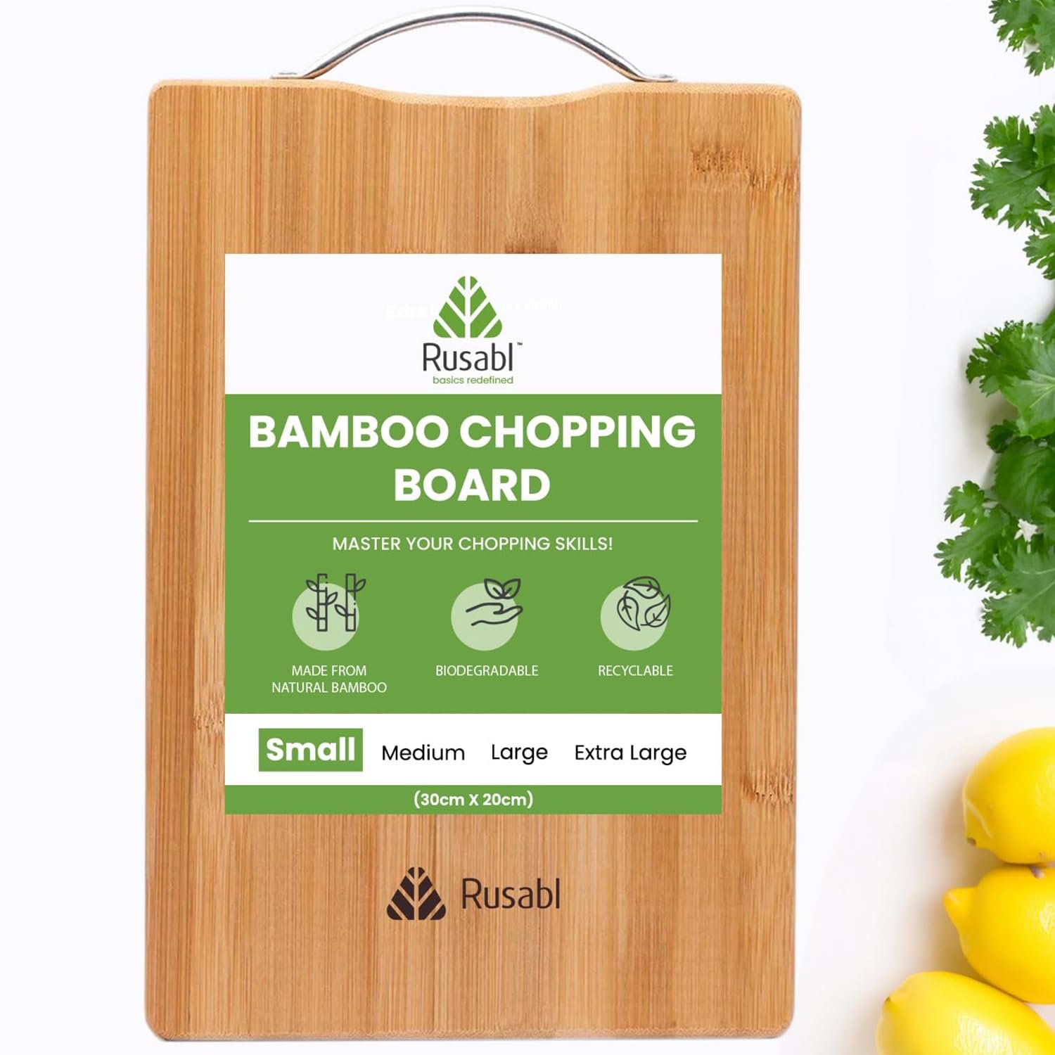 Rusabl Small Bamboo Wooden Chopping Board, Metal Handle, 30x20 cm, BPA Free