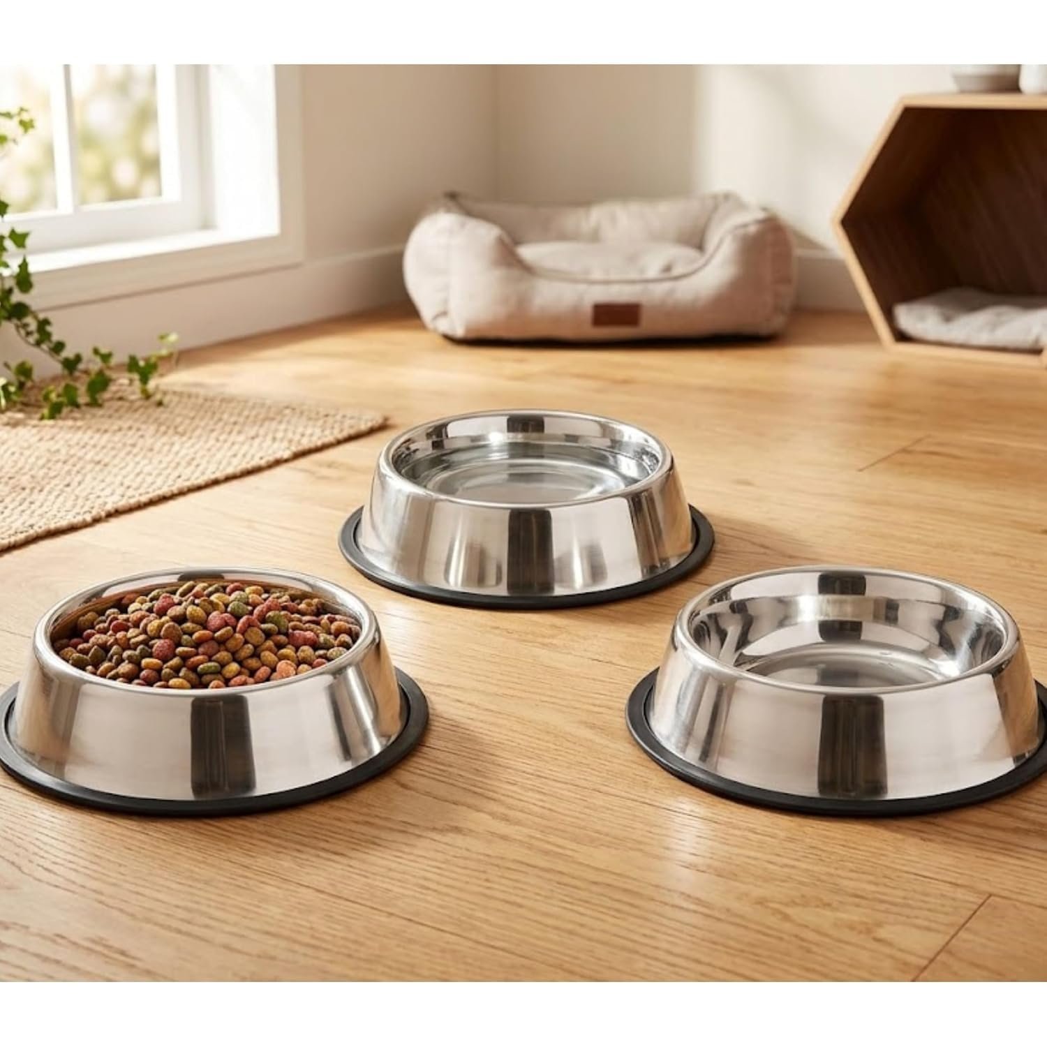 Pets Empire Dog & Cat Bowls Stainless Steel, Pack of 3, Anti-Skid Feeding Bowls for Food & Water, Heavy Duty Metal Pet Bowl, Rust Proof, Dishwasher Safe for Puppies, Cats & Dogs