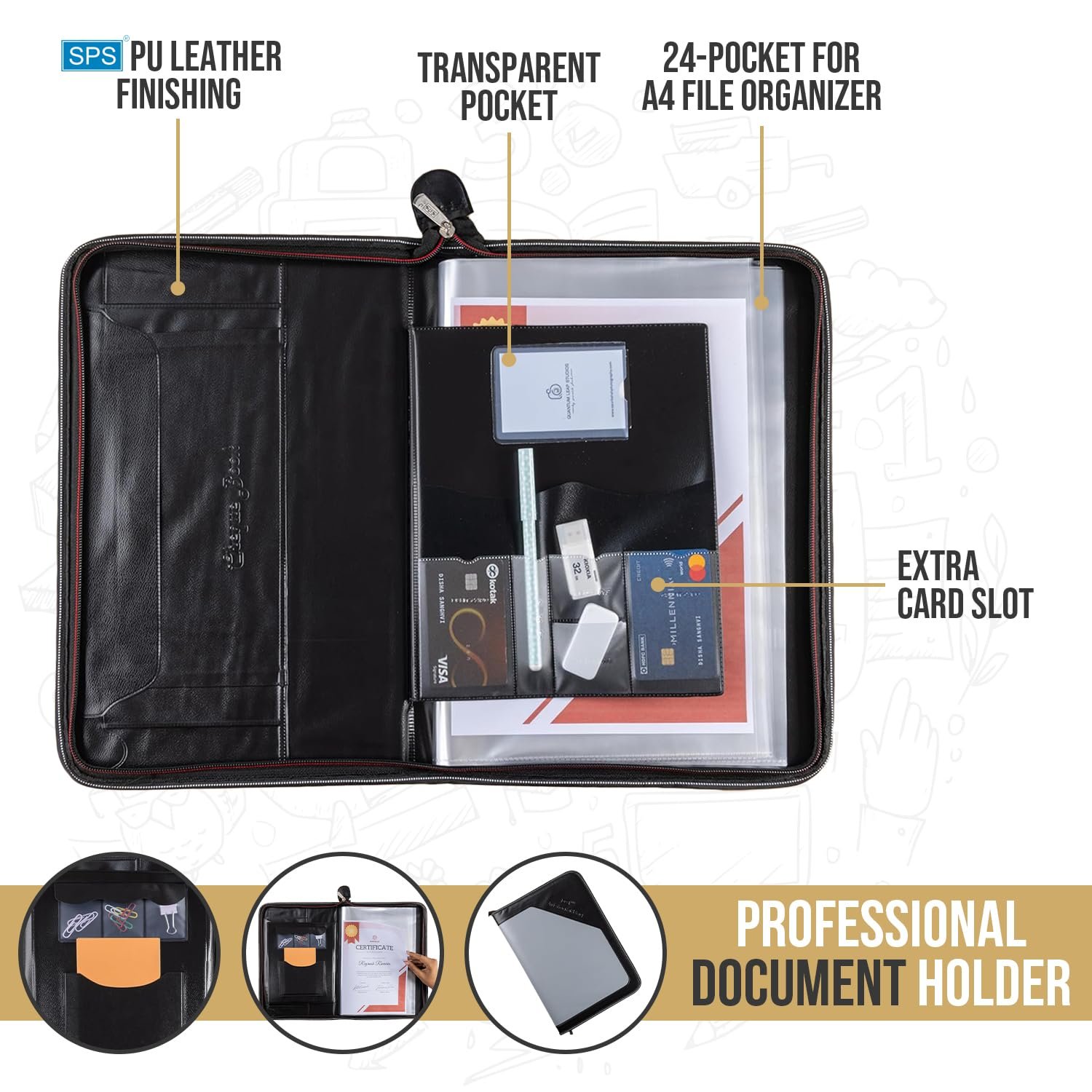 SPS PU Leather 24-Pocket A4 File Organizer – Professional Document Holder for Certificates, Legal Documents, Home, Office, School Use (Grey)
