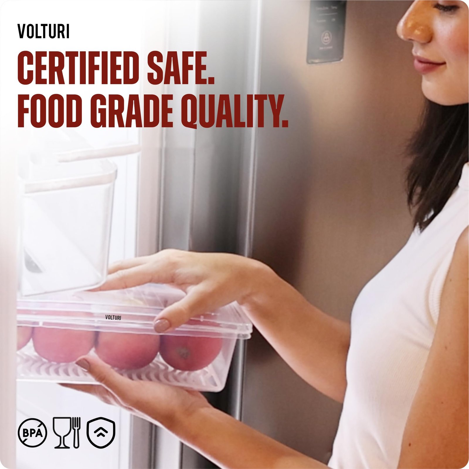 VOLTURI Fridge Storage Containers (Pack of 6), Fridge Organiser Storage Boxes with Removable Drain Plate, Fridge Organizer, Fridge Storage Box Kitchen Containers Keep Fruits Vegetables Fresher 1500 ML