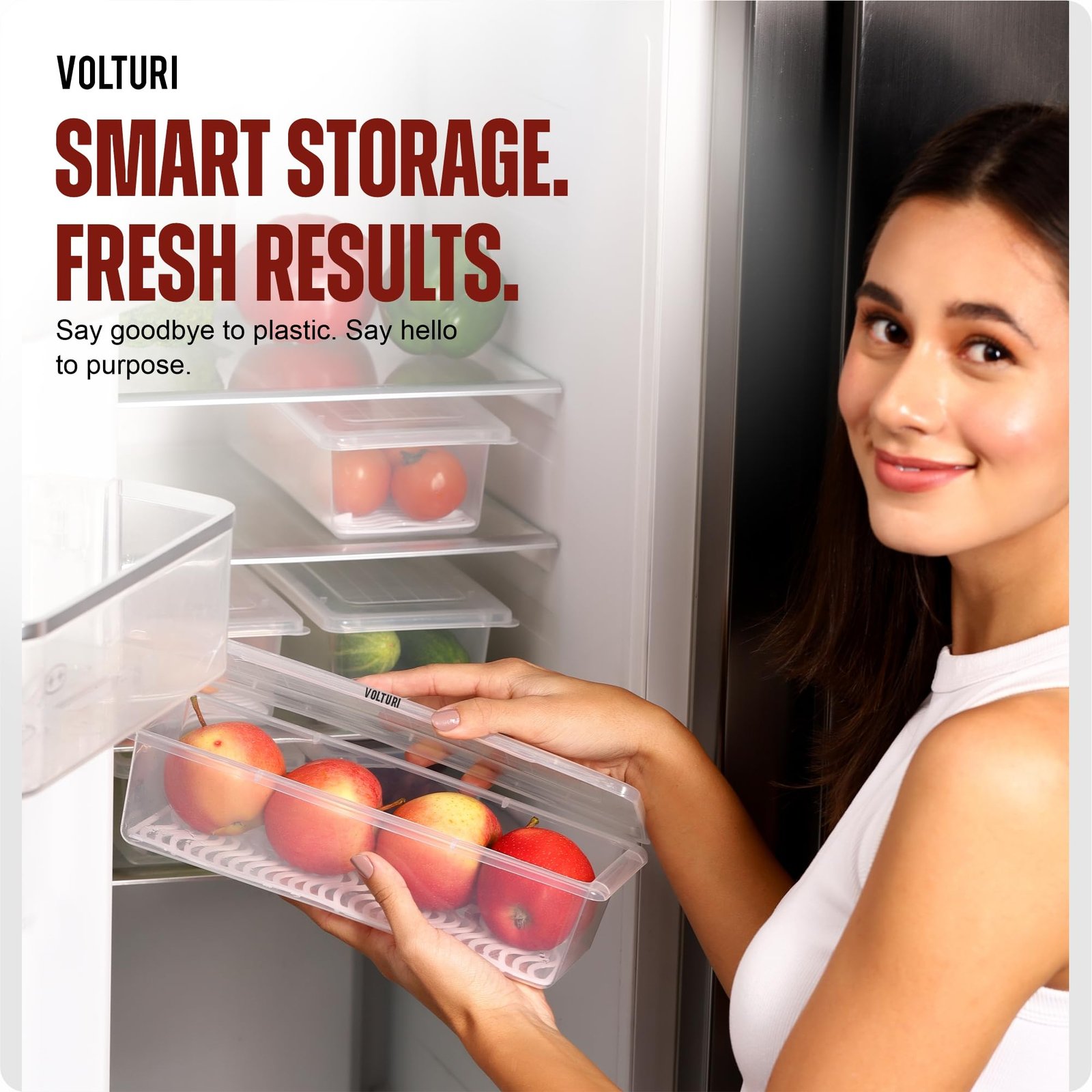VOLTURI Fridge Storage Containers (Pack of 6), Fridge Organiser Storage Boxes with Removable Drain Plate, Fridge Organizer, Fridge Storage Box Kitchen Containers Keep Fruits Vegetables Fresher 1500 ML
