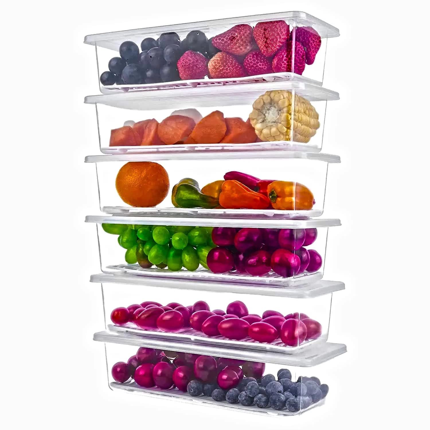 Xiran 6 Fridge Storage Boxes Fridge Organizer With Removable Drain Plate&Lid Stackable Fridge Storage Containers Plastic Freezer Storage Containers For Fish,Meat,Vegetables,Fruits(1500Ml),Transparent