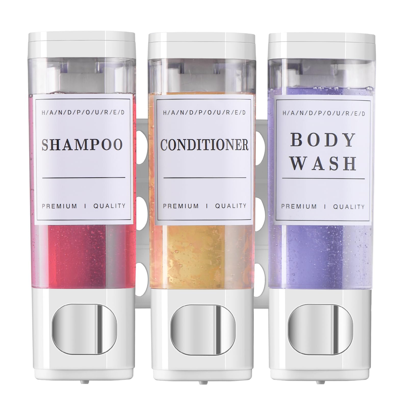 Shower Soap Dispenser Wall Mounted No Drill Shampoo Dispenser for Shower Wall Shampoo and Conditioner Dispenser Bathroom Hotel 3 * 300ml White with 3 Labels