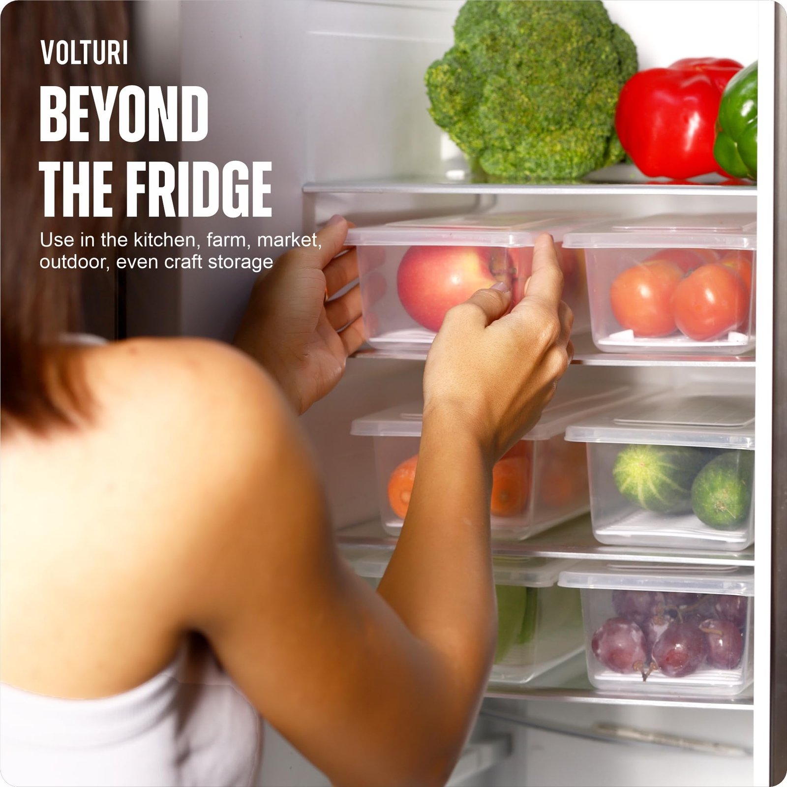VOLTURI Fridge Storage Containers (Pack of 6), Fridge Organiser Storage Boxes with Removable Drain Plate, Fridge Organizer, Fridge Storage Box Kitchen Containers Keep Fruits Vegetables Fresher 1500 ML