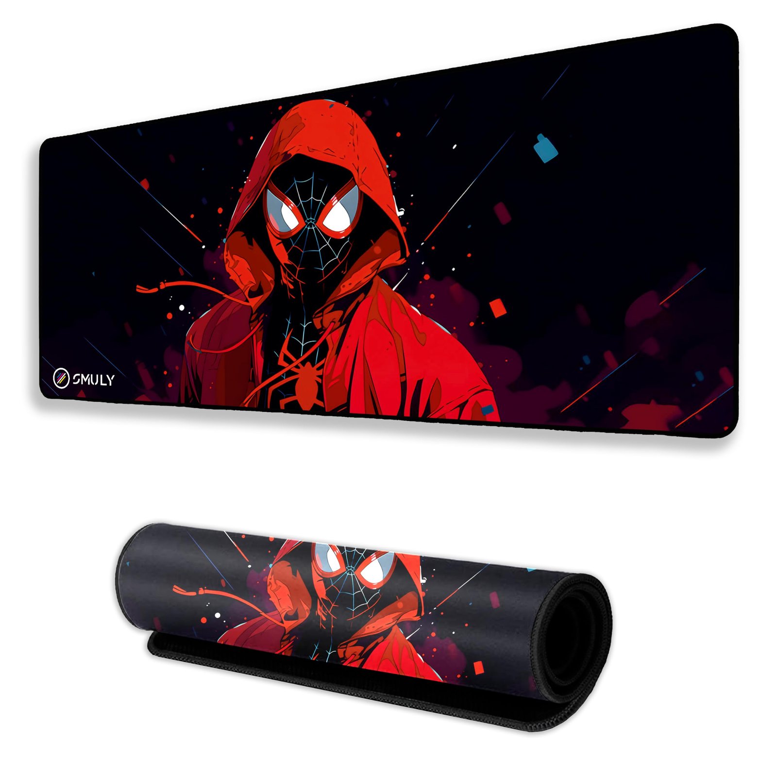 SMULY Gaming Mouse Pad, Large Desk Mat 58.5 x 28 cm, Extended Washable Mousepad, Desk Pad, 2mm Thick Non-Slip Rubber Base, Stitched Edges, Smooth Surface (Multicolour) – Red Hoodie Spider Design