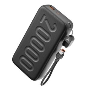 Ambrane 20000mAh Powerbank with in-Build Type C Cable, 22.5W Fast Charging, USB & Type C Output, Power Delivery, Quick Charge for iPhone, Android Mobile & Tablets, Earbuds, (Stylo N20, Black)
