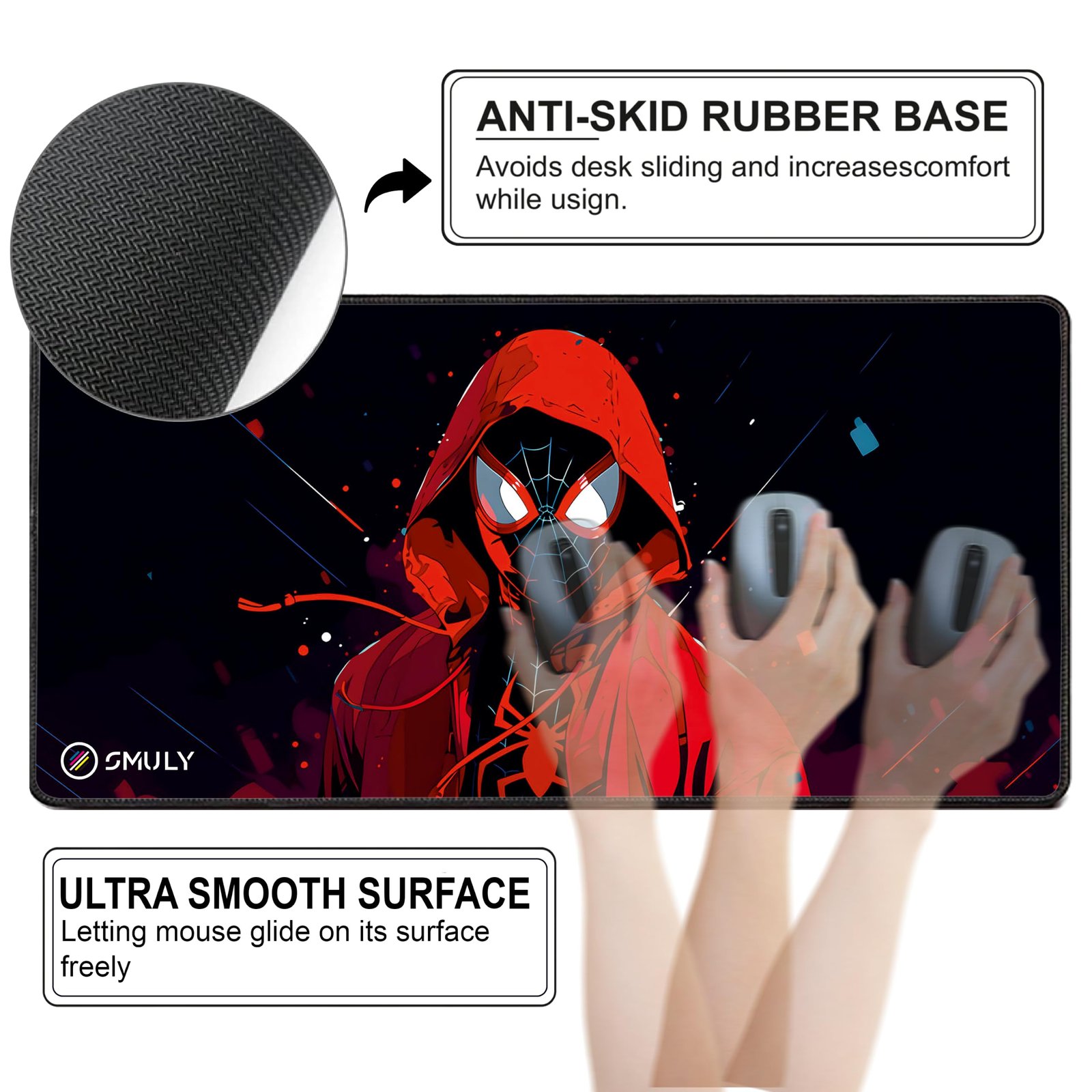 SMULY Gaming Mouse Pad, Large Desk Mat 58.5 x 28 cm, Extended Washable Mousepad, Desk Pad, 2mm Thick Non-Slip Rubber Base, Stitched Edges, Smooth Surface (Multicolour) – Red Hoodie Spider Design