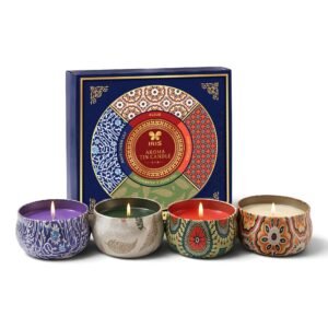 IRIS Aroma Tin Candle Set of 4 | Pink Mimosa, Mayflower Lily, Fleur, Tea Rose & Agarwood | Scented Luxury Candles Gift Set for Home Décor, Diwali & Special Occasions | 85g Each with 10hr Burn Time