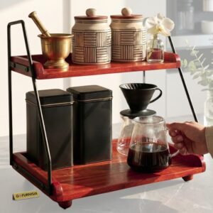 GOFURNISIA Premium Wooden Kitchen Countertop Organizer, Shelf Rack For Kitchen Storage, 2 Tier for Spices, Oil, Tabletop Rack For Bar, Makeup, Office, Handcrafted Sheesham wood and Iron, Easy Assembly