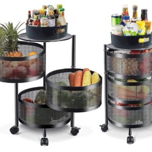 HomeCloud 3-Tier Kitchen Storage Rack with Lockable Wheels | Revolving Vegetable & Fruit Trolley | Multipurpose Kitchen Organizer & Kitchen Accessories Items | (Black, 3 Layer Round)