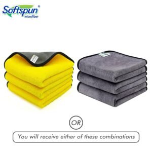SOFTSPUN Microfiber Cloth Silk Banded Edges 800 GSM 30X40 cms 3pcs Yellow+Grey! Silk Banded Edge Towel Set Extra Thick Microfiber Cleaning Cloths Perfect for Bike Auto Cars Both Interior and Exterior.