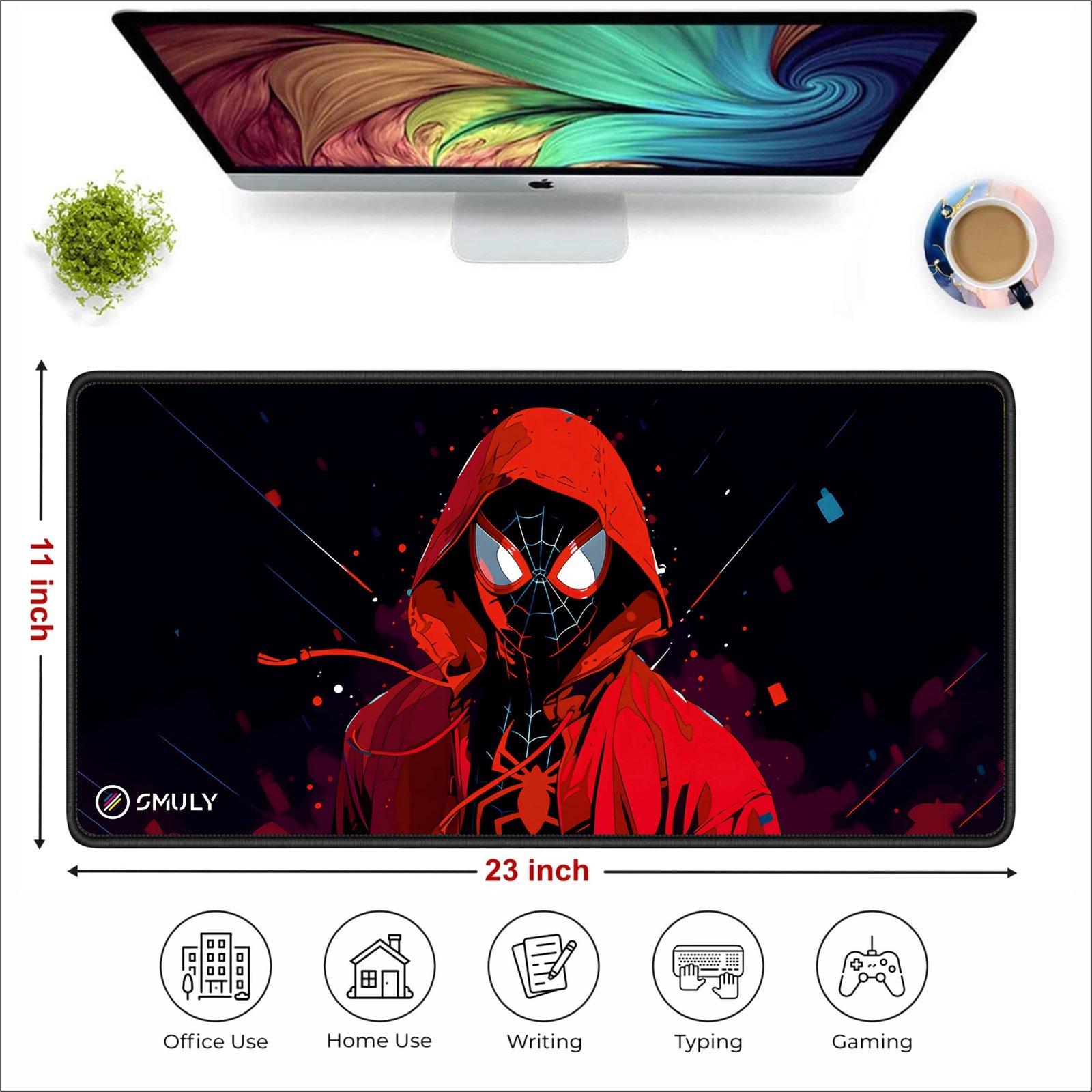 SMULY Gaming Mouse Pad, Large Desk Mat 58.5 x 28 cm, Extended Washable Mousepad, Desk Pad, 2mm Thick Non-Slip Rubber Base, Stitched Edges, Smooth Surface (Multicolour) – Red Hoodie Spider Design