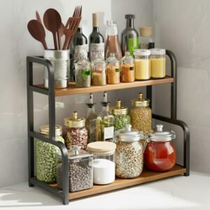 ABJA Kitchen Countertop Organizer Corner Rack (Rustic Brown Arched, 2 Tier)