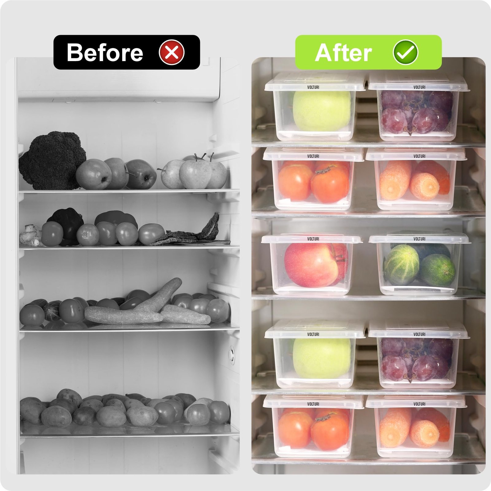 VOLTURI Fridge Storage Containers (Pack of 6), Fridge Organiser Storage Boxes with Removable Drain Plate, Fridge Organizer, Fridge Storage Box Kitchen Containers Keep Fruits Vegetables Fresher 1500 ML