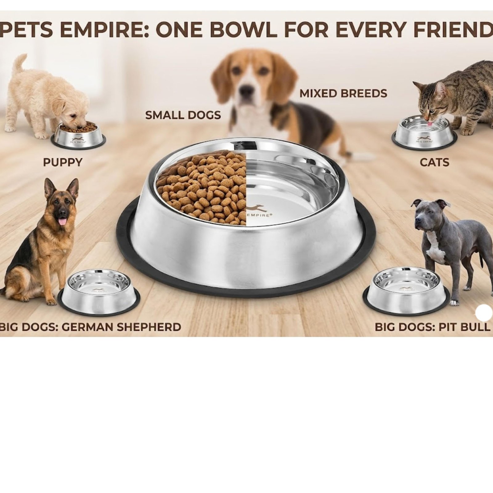Pets Empire Dog & Cat Bowls Stainless Steel, Pack of 3, Anti-Skid Feeding Bowls for Food & Water, Heavy Duty Metal Pet Bowl, Rust Proof, Dishwasher Safe for Puppies, Cats & Dogs