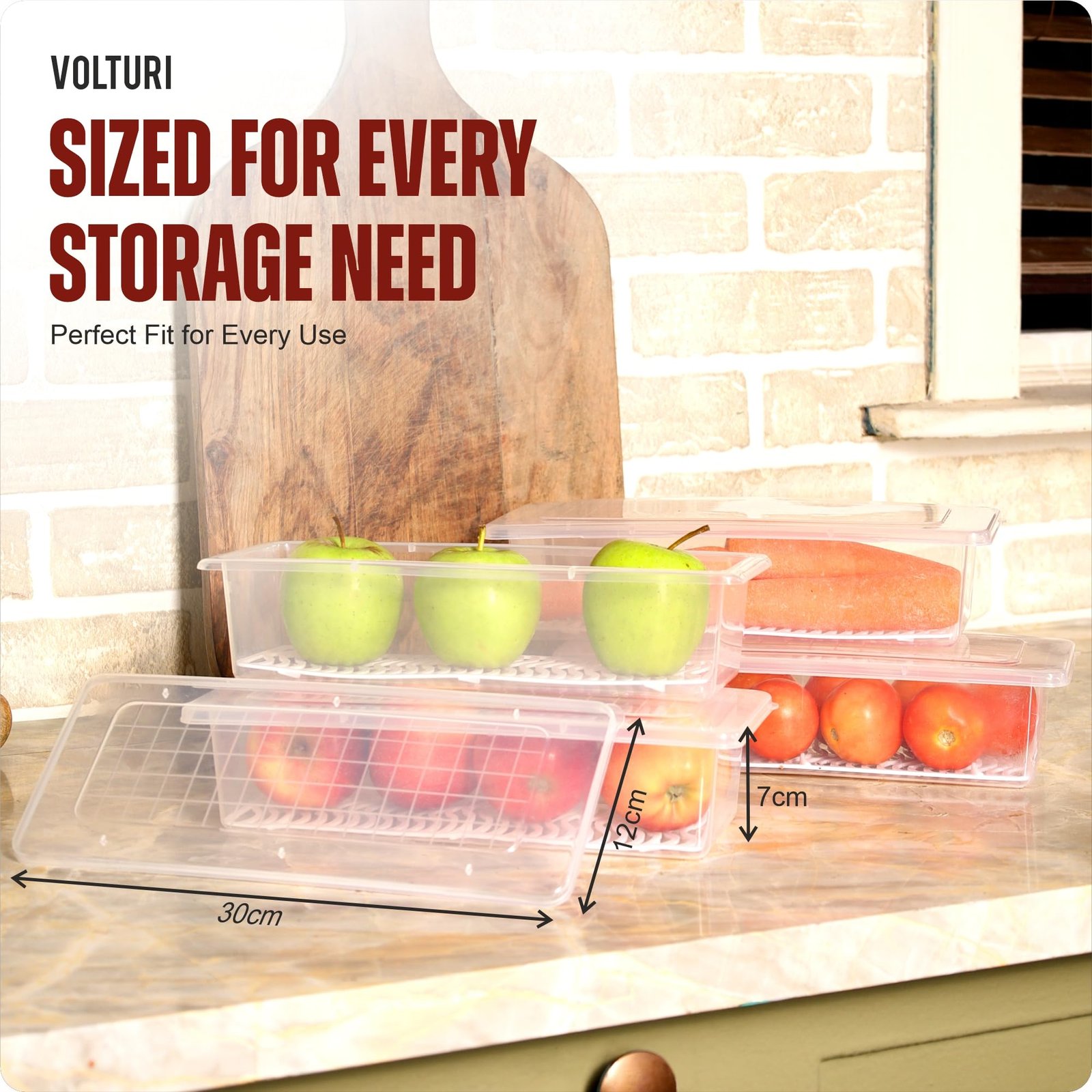 VOLTURI Fridge Storage Containers (Pack of 6), Fridge Organiser Storage Boxes with Removable Drain Plate, Fridge Organizer, Fridge Storage Box Kitchen Containers Keep Fruits Vegetables Fresher 1500 ML