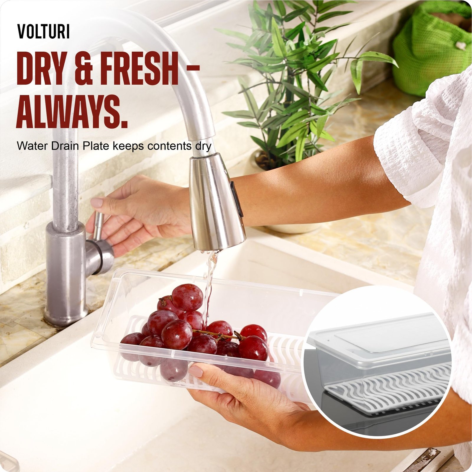 VOLTURI Fridge Storage Containers (Pack of 6), Fridge Organiser Storage Boxes with Removable Drain Plate, Fridge Organizer, Fridge Storage Box Kitchen Containers Keep Fruits Vegetables Fresher 1500 ML