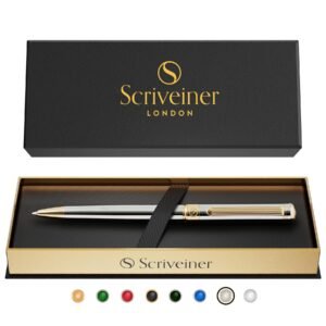 Scriveiner Silver Chrome Ballpoint Pen – Stunning Award-Winning Luxury Pen, Schmidt Black Refill, Best Ball Pen Gift Set for Men & Women, Professional Executive Office, Nice Fancy Designer Pens