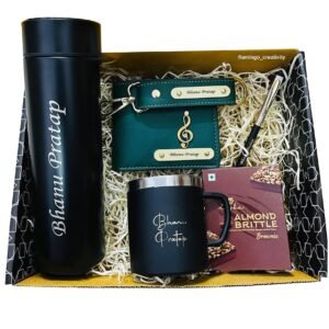 FLAMINGO CREATIVITY Personalized Men’s Gift Hamper | Customized Black Temperature Bottle, Mug, Pen, Leather Keychain, Wallet, Chocolate & Wishing Card | Gift Combo for Him