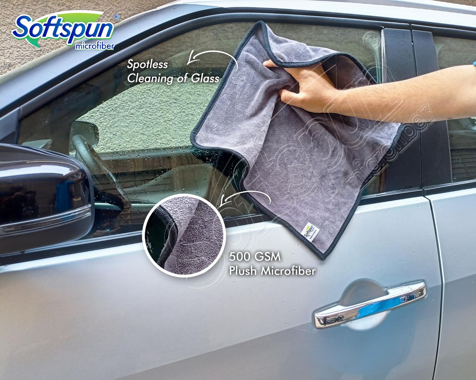 SOFTSPUN Microfiber Cloth Silk Banded Edges 500 GSM 40X40 cms Pack of 4 Grey! Silk Banded Edge Towel Set Extra Thick Microfiber Cleaning Cloths Perfect for Bike Auto Cars Both Interior and Exterior.